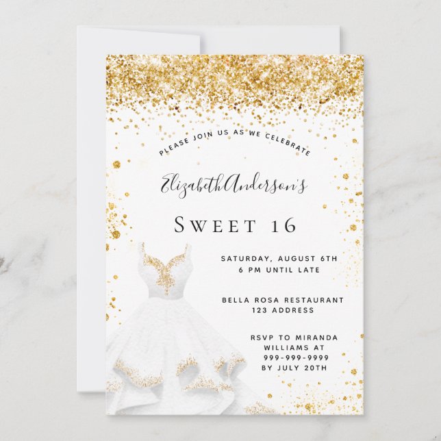 Invitation Sweet 16 robe d'or blanc parties scintillant (Devant)