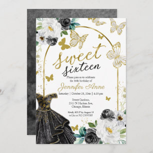 Invitation Sweet 16 Robe Florale Papillon noir Or