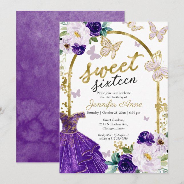 Invitation Sweet 16 Robe Florale Violet Papillon (Devant / Derrière)