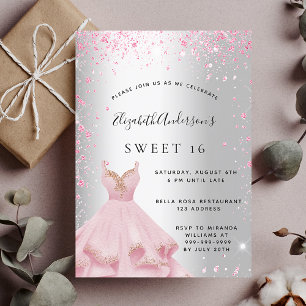 Invitation Sweet 16 robe rose argent parties scintillant glam