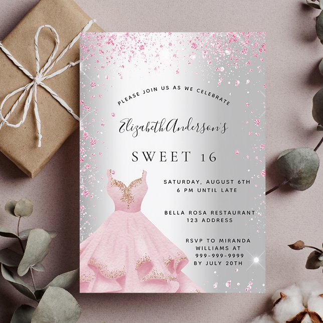 Invitation Sweet 16 robe rose argent parties scintillant glam (Créateur téléchargé)