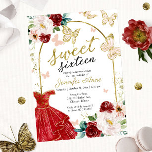 Invitation Sweet 16 Robe Rouge Florale Papillon