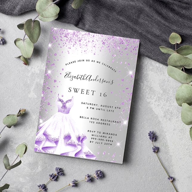 Invitation Sweet 16 robe violet argent parties scintillant gl (Créateur téléchargé)