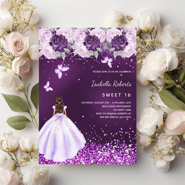 Invitation Sweet 16 robe violet fleurons roses (Créateur téléchargé)