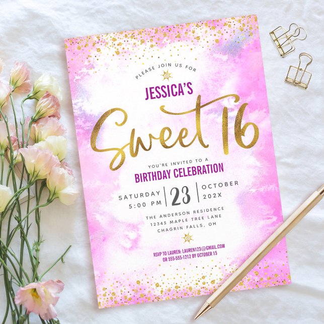 Invitation Sweet 16 Rose Aquarelle Or Glam fille Anniversaire (Créateur téléchargé)