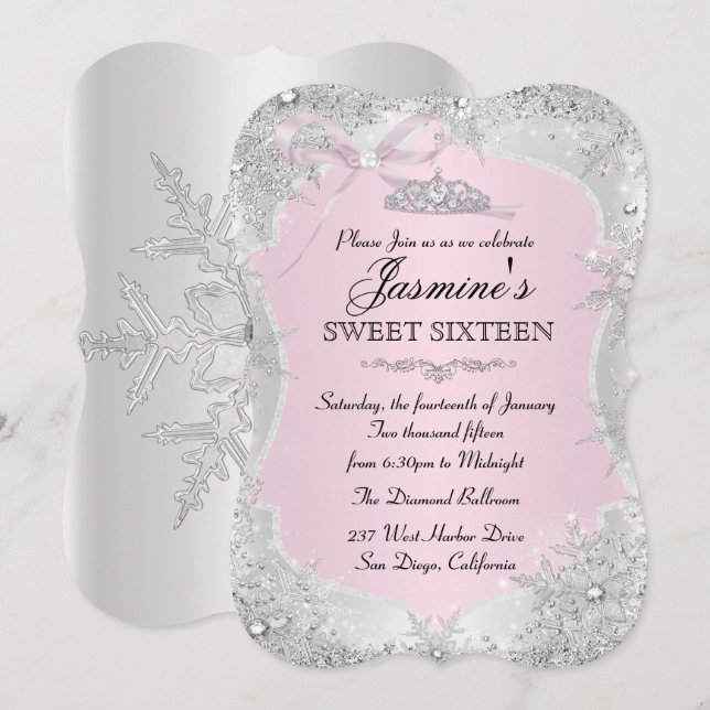 Invitation Sweet 16 Rose argenté Flocon de neige h (Devant / Derrière)