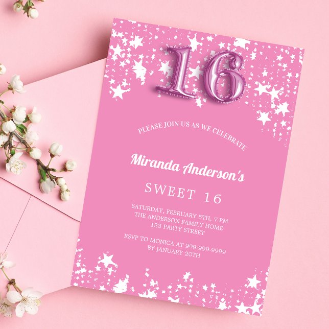 Invitation Sweet 16 rose blanc étoiles fille (Créateur téléchargé)