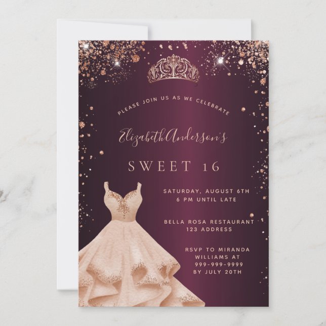Invitation Sweet 16 rose bordeaux or parties scintillant robe (Devant)