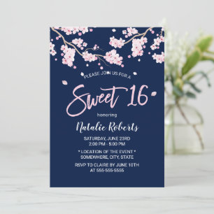 Invitation Sweet 16 rose floral cerise fleurs bleu marine