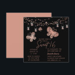 Invitation Sweet 16 Rose Gold Butterfly Chic Moderne Annivers<br><div class="desc">Sweet 16 Rose Gold Butterfly Chic Modern Birthday Invitations dispose d'élégants papillons roses en or avec des lampes à cordes sur un arrière - plan noir avec votre Sweet 16 Informations d'invitation ci-dessous. Personnalisez en modifiant le texte dans les zones de texte. Conçu pour vous par ©Evco Studio www.zazzle.com/store/evcostudio</div>