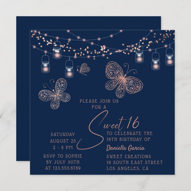 Invitation Sweet 16 Rose Gold Butterfly Chic Moderne Annivers (Devant / Derrière)