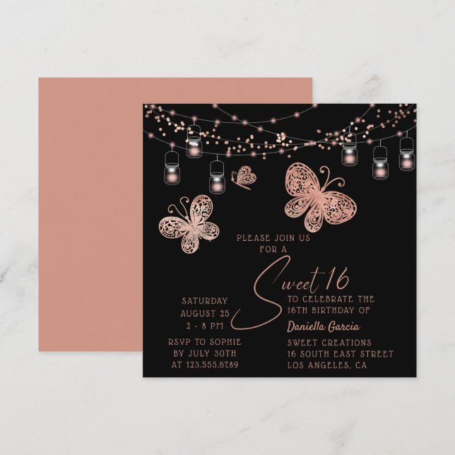 Invitation Sweet 16 Rose Gold Butterfly Chic Moderne Annivers (Devant / Derrière)