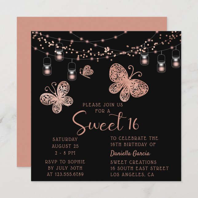 Invitation Sweet 16 Rose Gold Butterfly Chic Moderne Annivers (Devant / Derrière)