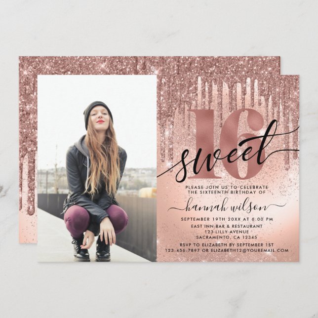 Invitation Sweet 16 Rose Gold Foil & Parties scintillant phot (Devant / Derrière)
