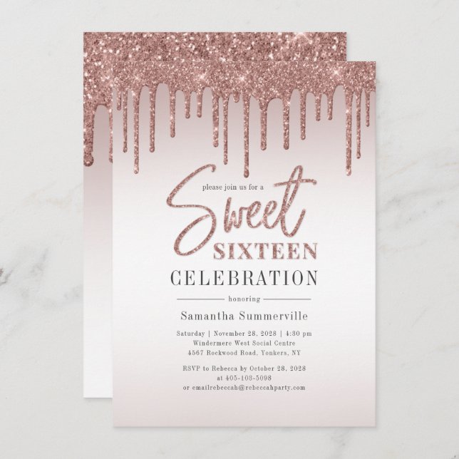 Invitation Sweet 16 Rose Gold Parties scintillant Script fête (Devant / Derrière)