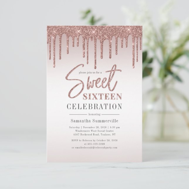 Invitation Sweet 16 Rose Gold Parties scintillant Script fête (Debout devant)