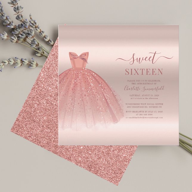 Invitation Sweet 16 Rose Gold Script moderne Glam Anniversair (Sweet 16 Birthday Glitter and Dress Party Invitation)