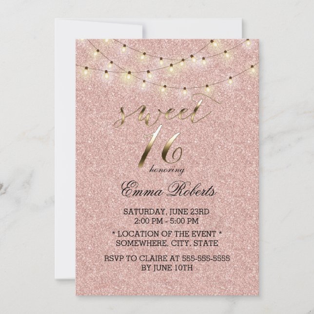 Invitation Sweet 16 Rose moderne Parties scintillant or lumiè (Devant)