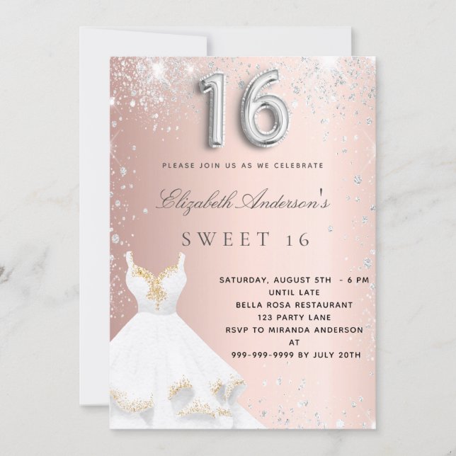 Invitation Sweet 16 rose or argent robe parties scintillant r (Devant)