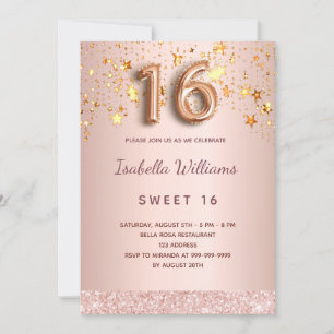 Invitation Sweet 16 rose or rose étoiles script