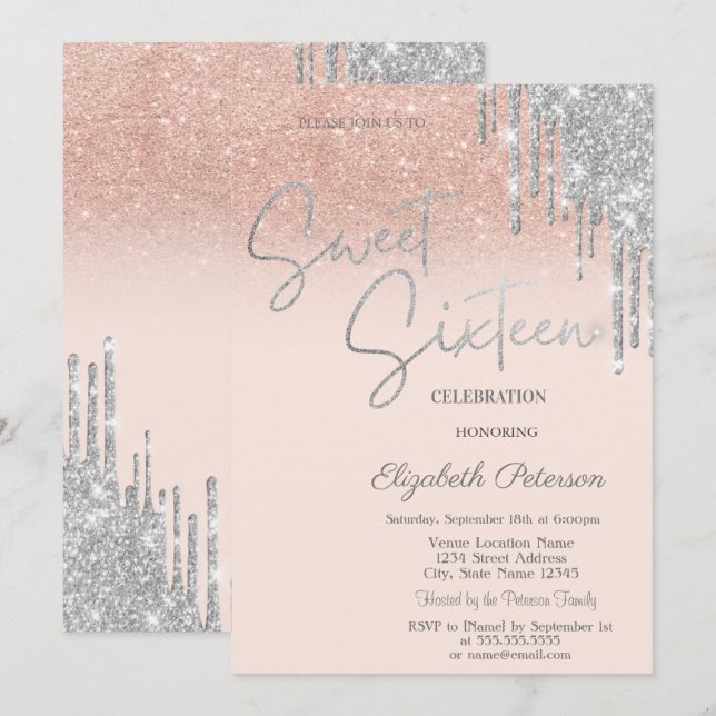 Invitation Sweet 16 Rose Pâle Nude avec Gouttes de Paillettes (Devant / Derrière)