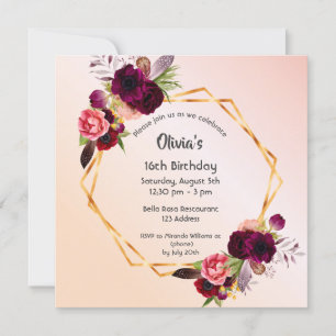 Invitation Sweet 16 roses or bordeaux floraux géométriques