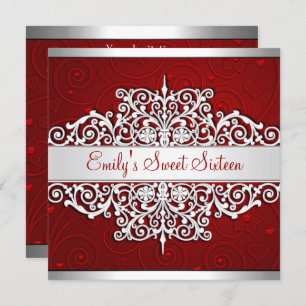 Invitation Sweet 16 Rouge Argent Floral Amour fête d'annivers