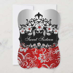 Invitation Sweet 16 Rouge Argent Noir Floral Bijou Party