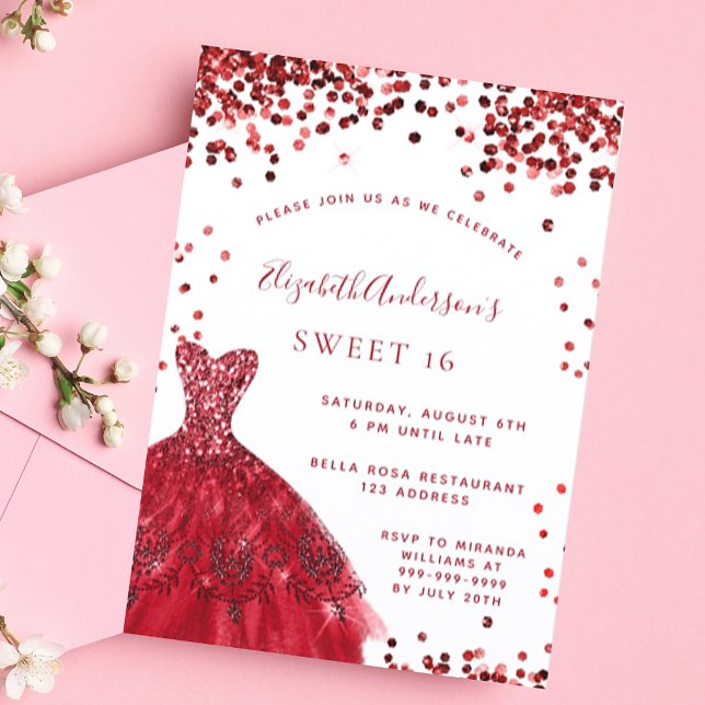 Invitation Sweet 16 rouge robe blanche élégant (Créateur téléchargé)