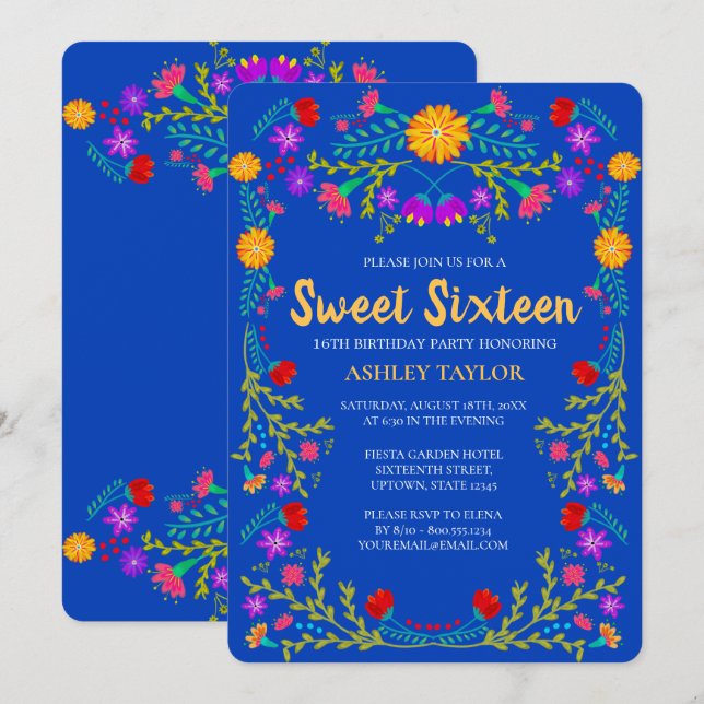 Invitation Sweet 16 Royal Blue Mexican Fiesta Floral Annivers (Devant / Derrière)
