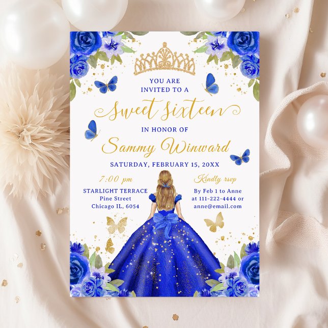 Invitation Sweet 16 Royal Blue Princess Blonde Girl (Créateur téléchargé)