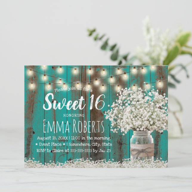 Invitation Sweet 16 Rustic Babys Respire Floral Jar Turquoise (Debout devant)