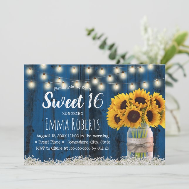 Invitation Sweet 16 Rustic Sunflower Jar Marine Barn Bois (Debout devant)