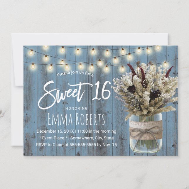 Invitation Sweet 16 Rustic Winter Floral Jar Dusty Blue (Devant)