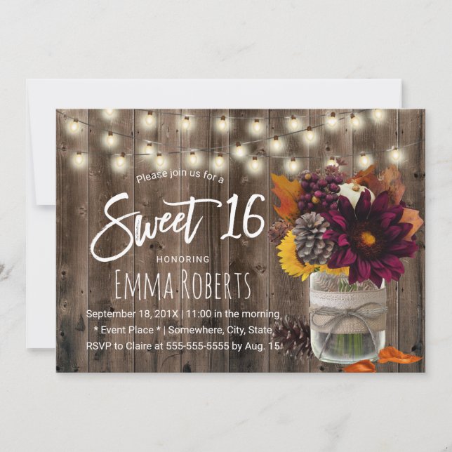 Invitation Sweet 16 Rustique Automne Floral Jar Barn Bois (Devant)