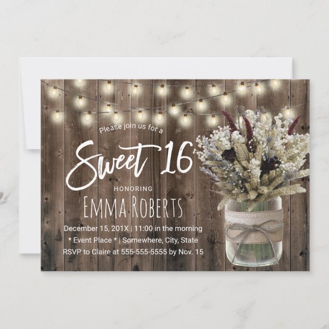 Invitation Sweet 16 Rustique hiver Floral Jar Grange Annivers (Devant)