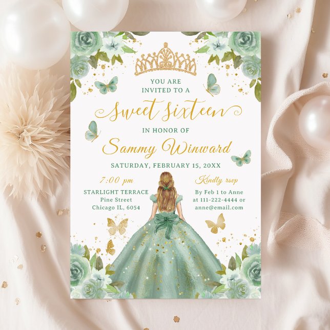 Invitation Sweet 16 Sage Green Princess Blonde Girl (Créateur téléchargé)
