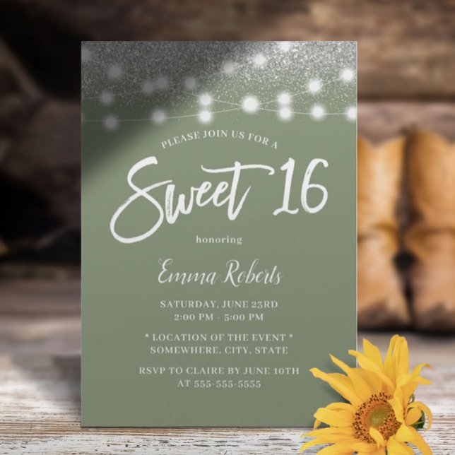 Invitation Sweet 16 Sage Vert Parties scintillant Argent Anni (Créateur téléchargé)