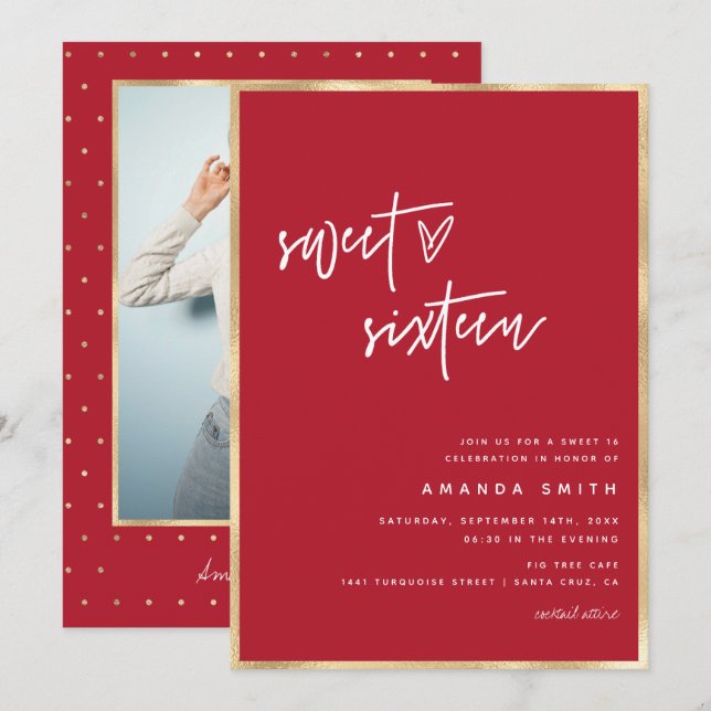 Invitation Sweet 16 Script moderne Gold Foil Rouge Anniversai (Devant / Derrière)