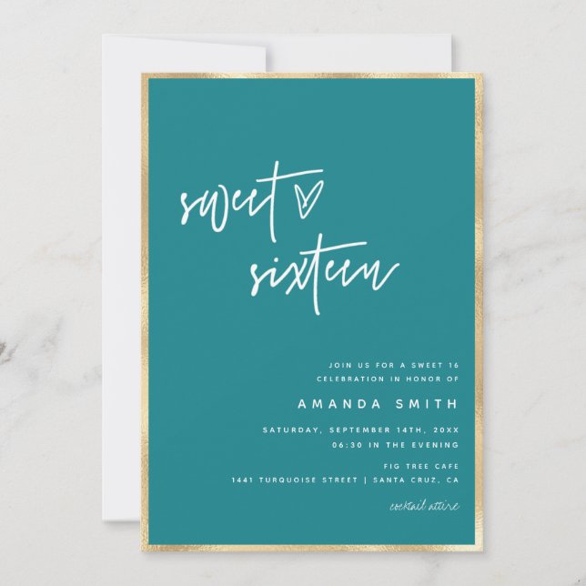 Invitation Sweet 16 Script moderne Gold Foil Turquoise Annive (Devant)