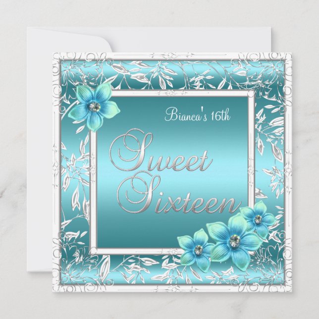 Invitation Sweet 16 Seize Anniversaire Bleu Sarcelle Fleur Ar (Devant)