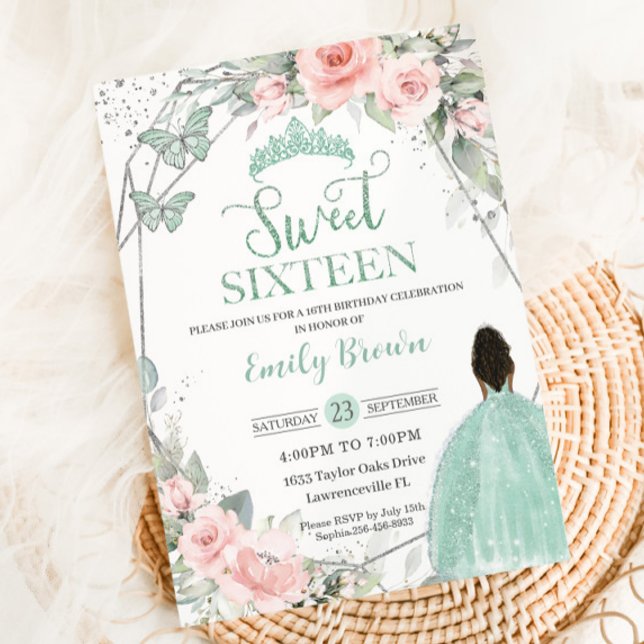 Invitation Sweet 16 Seize Anniversaire Blush Floral Mint Gree (blush-floral-brown-princess-mint-seafoam-green-dress-silver-crown-sweet-sixteen-16-birthday-invite)