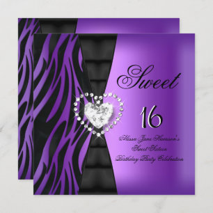 Invitation Sweet 16 Seize Anniversaire Fête Zebra Purple