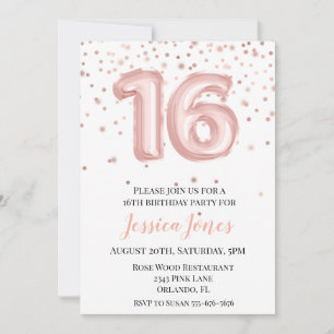 Invitation Sweet 16 Seize Anniversaire Rose Ballons d'or