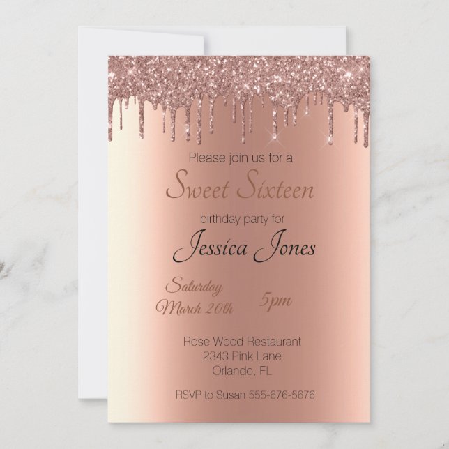Invitation Sweet 16 Seize Anniversaire Rose Gold Drips (Devant)