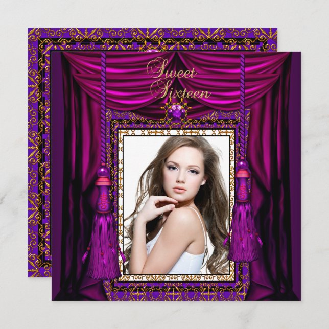 Invitation Sweet 16 Seize Anniversaire Soirée Purple Rose Or (Devant / Derrière)