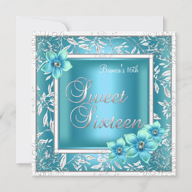 Invitation Sweet 16 Seize Anniversaire Turquoise Fleur bleue  (Devant)