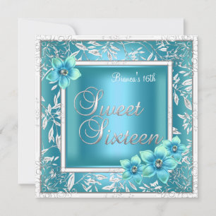 Invitation Sweet 16 Seize Anniversaire Turquoise Fleur bleue