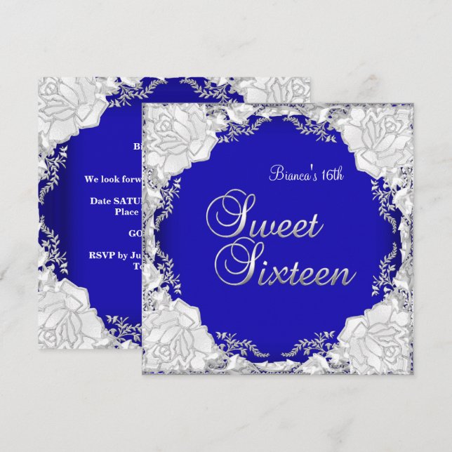 Invitation Sweet 16 Seize Anniversaire Violet Bleu Argent (Devant / Derrière)