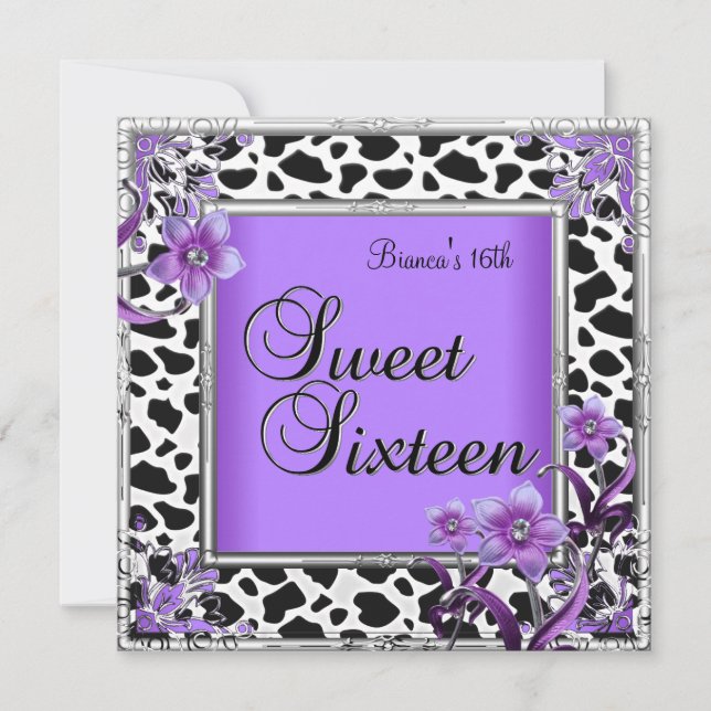 Invitation Sweet 16 Seize Ans Anniversaire Violet Argent Noir (Devant)